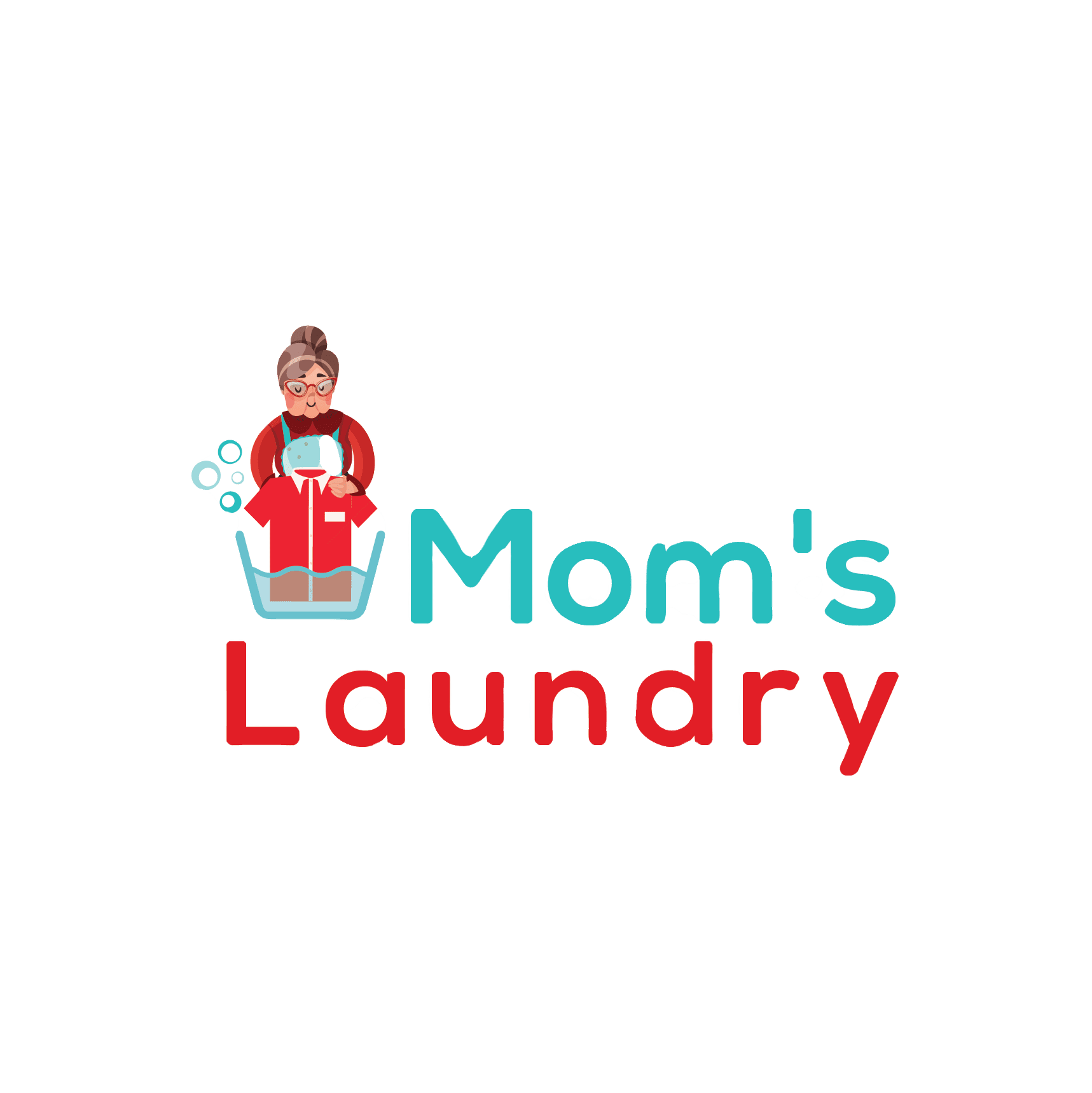 Logo for "Mom's Laundry" featuring a cartoon woman with glasses holding laundry above the text, with blue and red lettering and bubbles next to her.