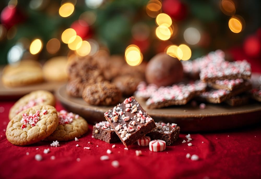 Assorted holiday cookies and peppermint bark on a red tablecloth with blurred festive lights and decorations in the background.