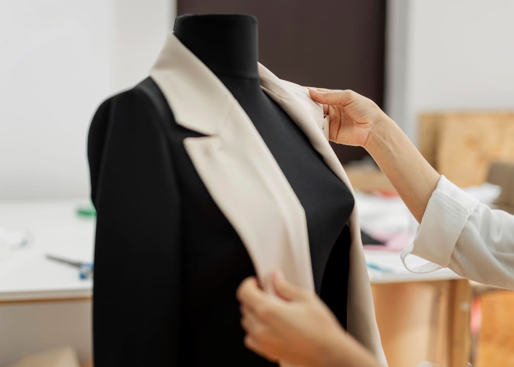 A person adjusts the collar of a light-colored blazer on a black mannequin in a workspace.